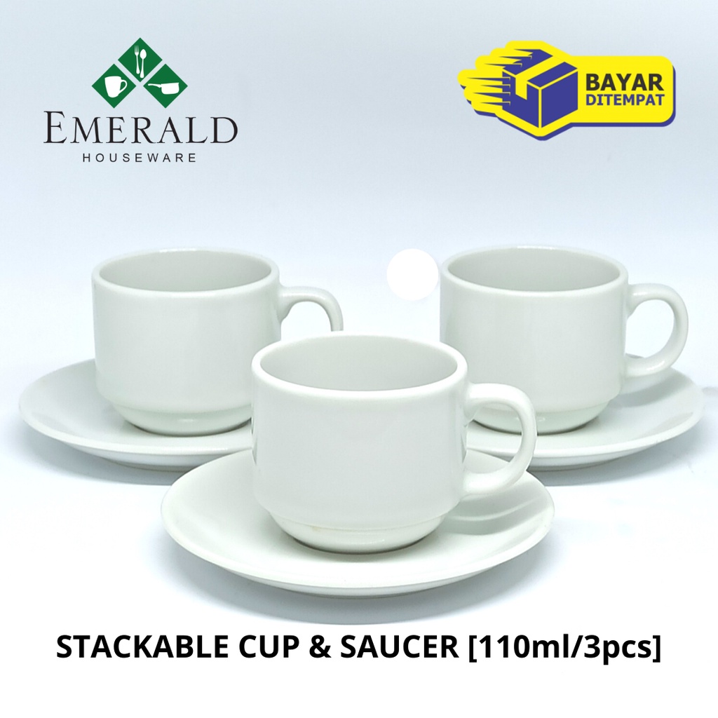 Jual Cangkir Keramik Porcelain Set Stackable Cup and Saucer [110ml/3pcs