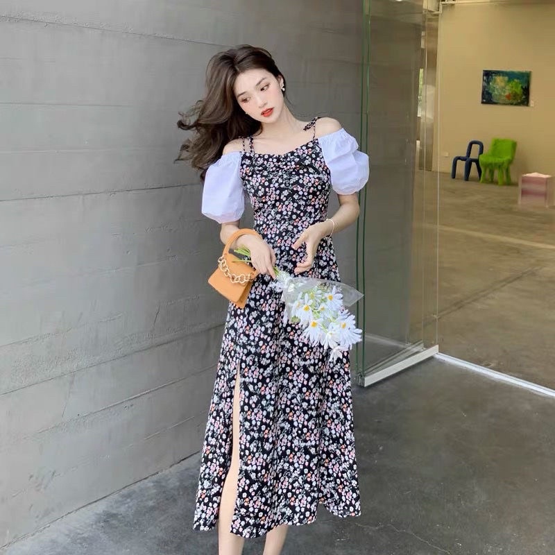 Jual D164 - Korean vintage midi dress sabrina motif flower square neck /  Gaun wanita bergaya Korea kekinian impor murah | Shopee Indonesia