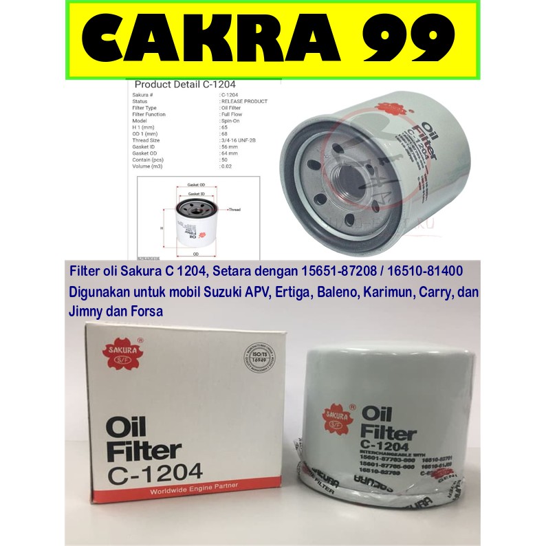 Jual Oil Filter Mesin SAKURA C1204 Untuk Suzuki APV Ertiga Baleno