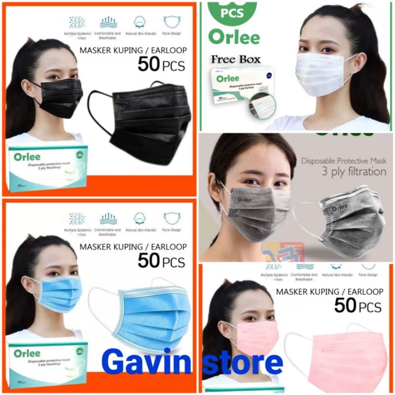 Jual Masker 3 Ply Orlee Earloop Emboss Full Black Kemenkes Isi 50 Pcs ...