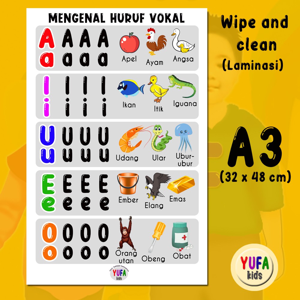 Jual 052 Poster huruf Vokal A I U E O huruf vokal - Poster Edukasi Anak