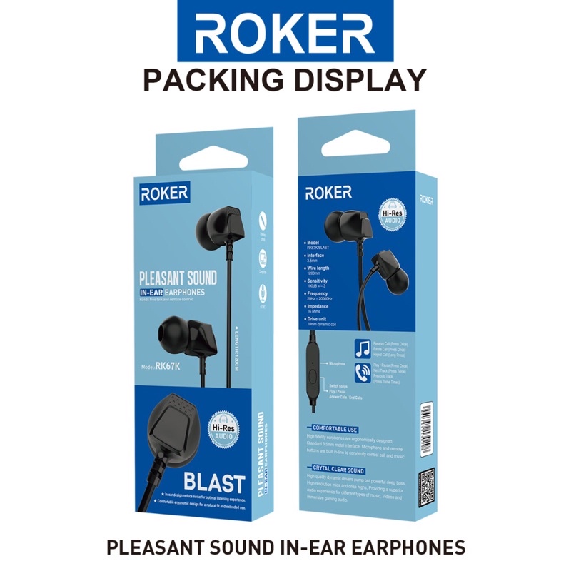 Headset handsfree earphones ROKER BLAST RK67K with MIC Extra Bass