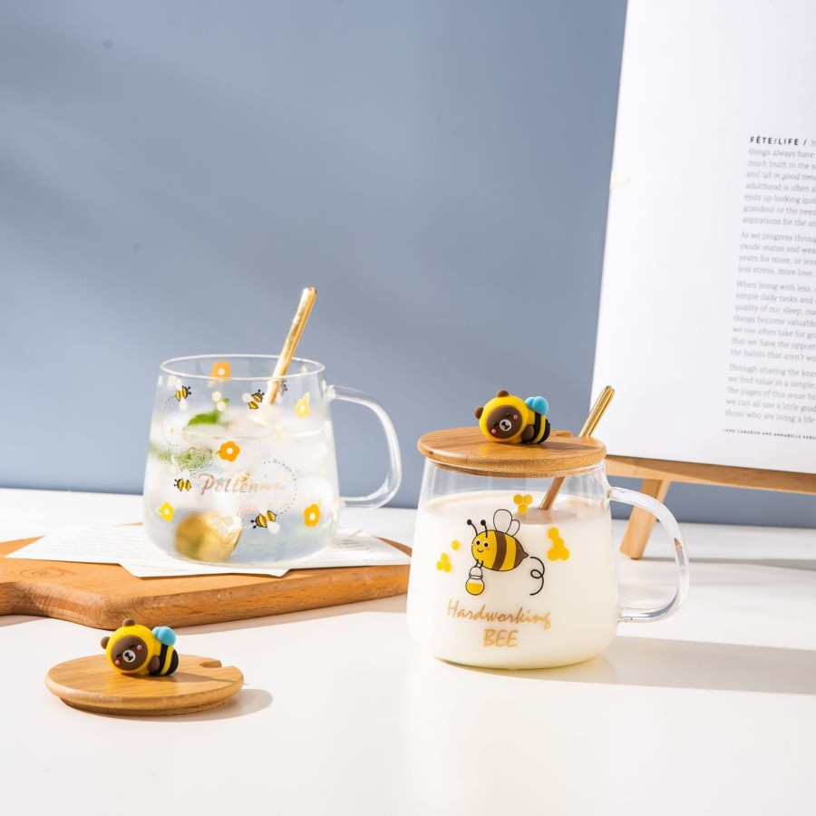 Jual Cangkir Teh Kaca Gelas Minum Susu Bee Pollen Mug Kopi Tutup Kayu ...