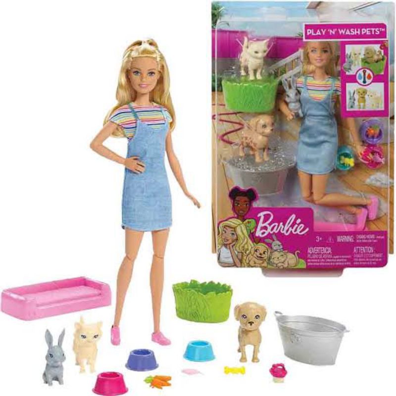 Jouet Barbie Play N Wash Pets - Ensemble Avec Animaux (chat, Chien, Lapin) - Neuf