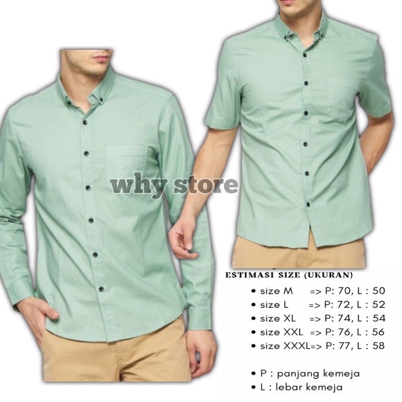 Jual kemeja hijau pria lengan panjang lengan pendek hijau sage polos