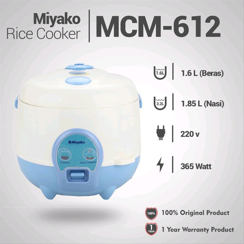 Jual rice cooker miyako MCM612 kapasitas 1,2 liter putih 3 in 1