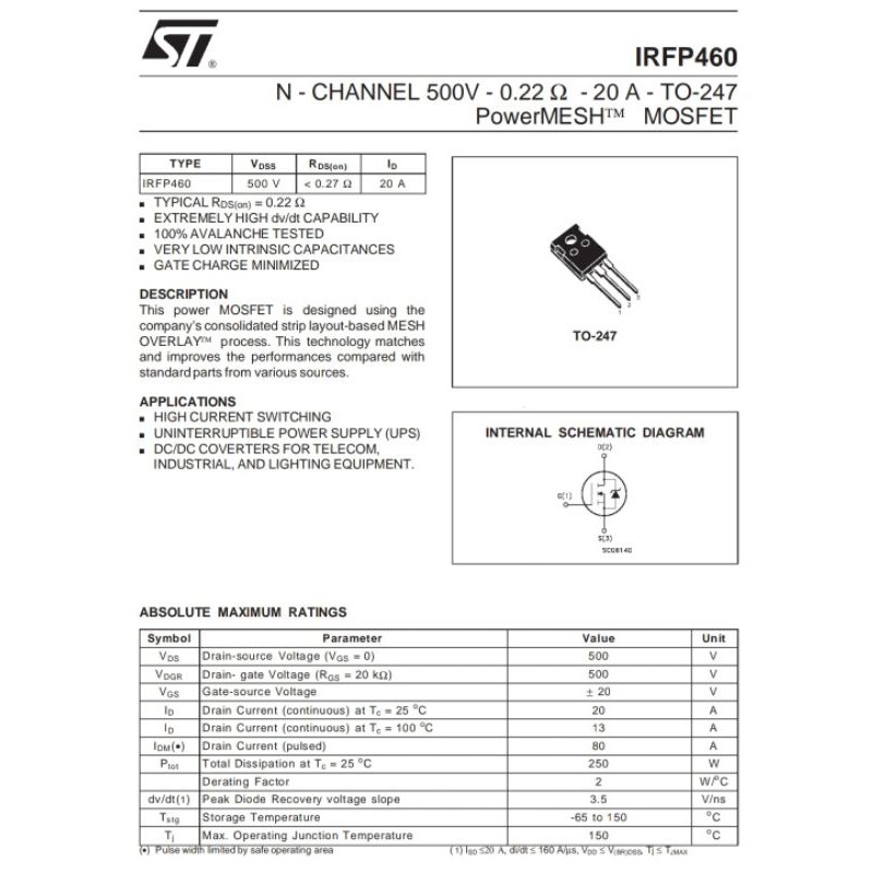 IRFP460 MOSFET Pinout, Datasheet, Equivalent, Circuit, And, 52 OFF