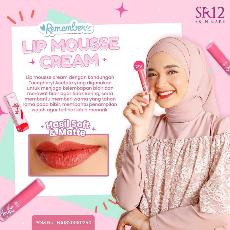 Jual LIP MOUSSE CREAM SR12/ PELEMBAB BIBIR WARNA MERAH BATA/ LIPSTIK NO