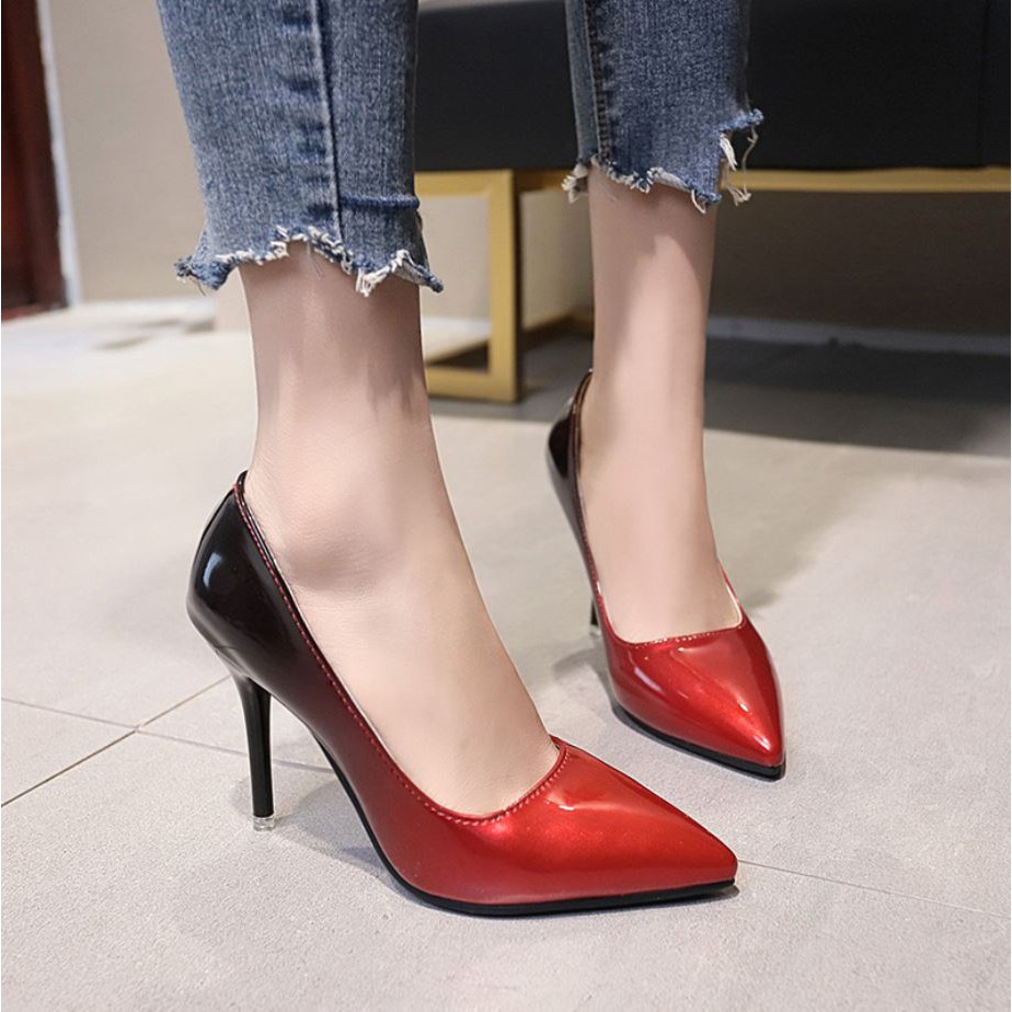 Jual SL575 Red/Gray/Gold-sepatu wanita import 10cm-heels glossy