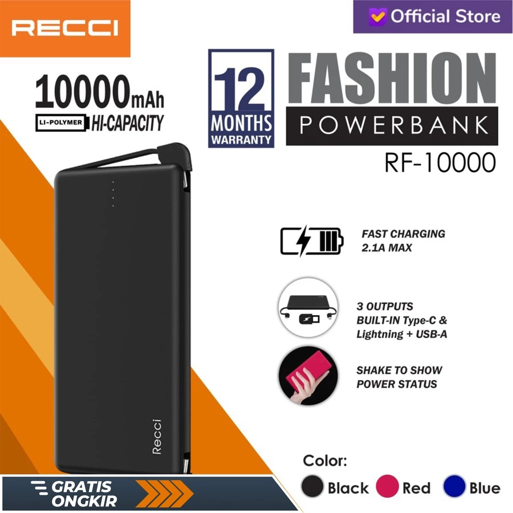 Fashion Powerbank RECCI 10000mAh Type-C and Iphone RF-10000 Biru/Hitam/Merah
