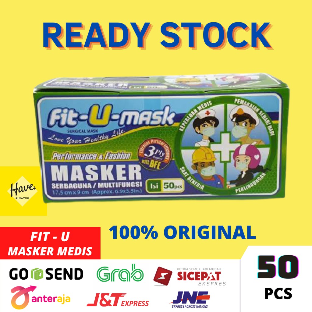 Jual MASKER FIT U MASK 3PLY EARLOOP SURGICAL MASK BFE99 ISI 50PCS