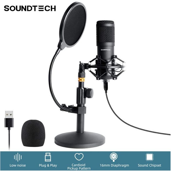 Jual SOUNDTECH USB Microphone Condenser Stand Table Recording Streaming ...