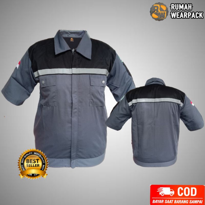 Jual Baju Kerja Wearpack Proyek Seragam Kerja Lengan Pendek Atasan Warna Abu Tua Kombinasi