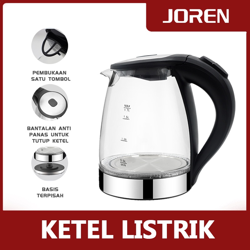 Jual Joren Teko Listrik Masak Air Kaca Stainless Steel Transparan Kettle Boiling Water 17l 0331