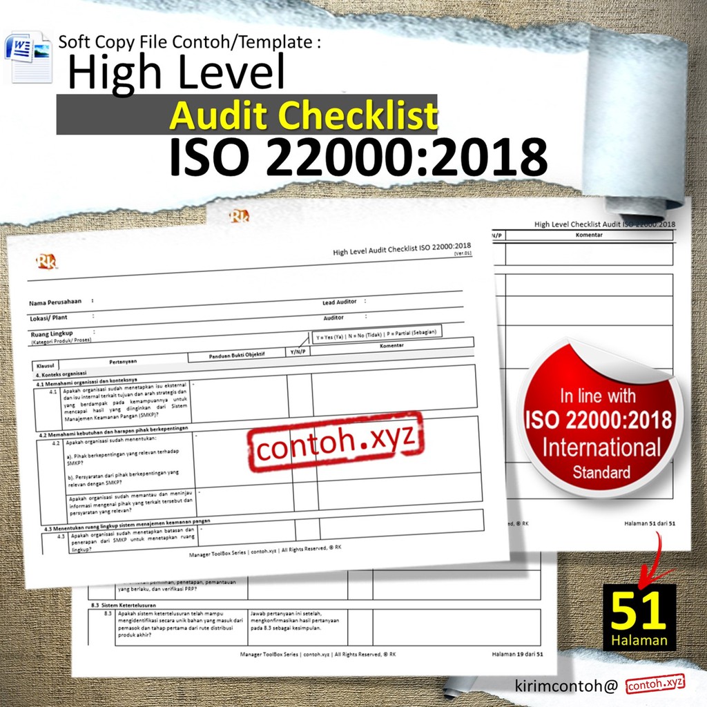 Jual [#05] Contoh High Level Audit Checklist ISO 22000:2018 | Bahasa ...