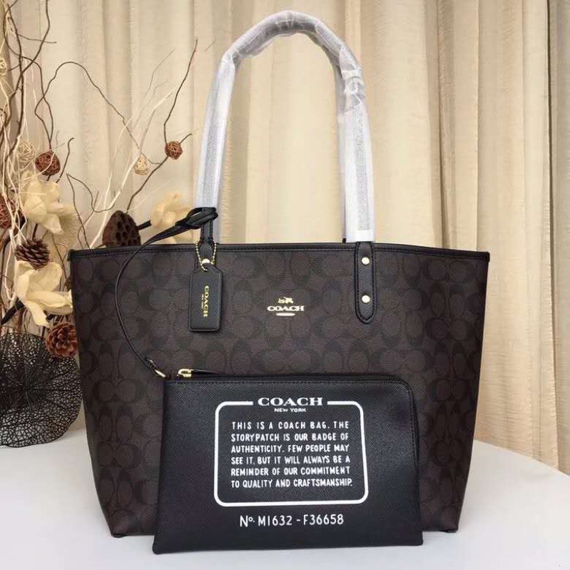 ORIGINAL 100 Coach F36658 Reversible Tote Bag Coach Shoulder Bag 2 Tone Black Brown