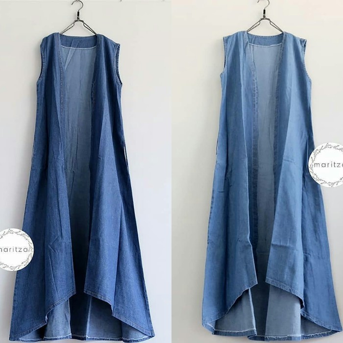 Jual baju rompi wanita jeans jena long outer kekinian original murah