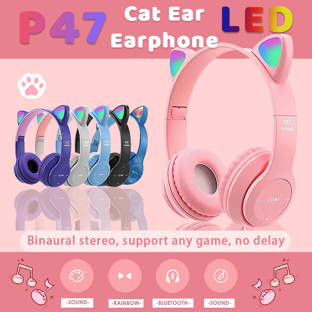 Jual Headphone Headset Bando Bluetooth P47M RGB LED CAT Earphone Wireless Gaming Stereo Bass Shopee Indonesia