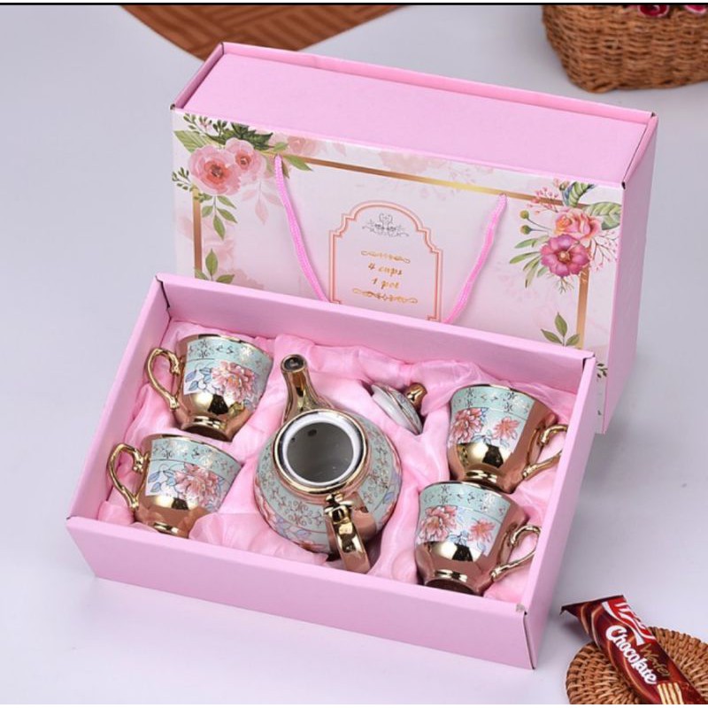hampers kado set Cangkir teko  teapot set 5 in 1keramik premium europa classic style / parcel lebaran