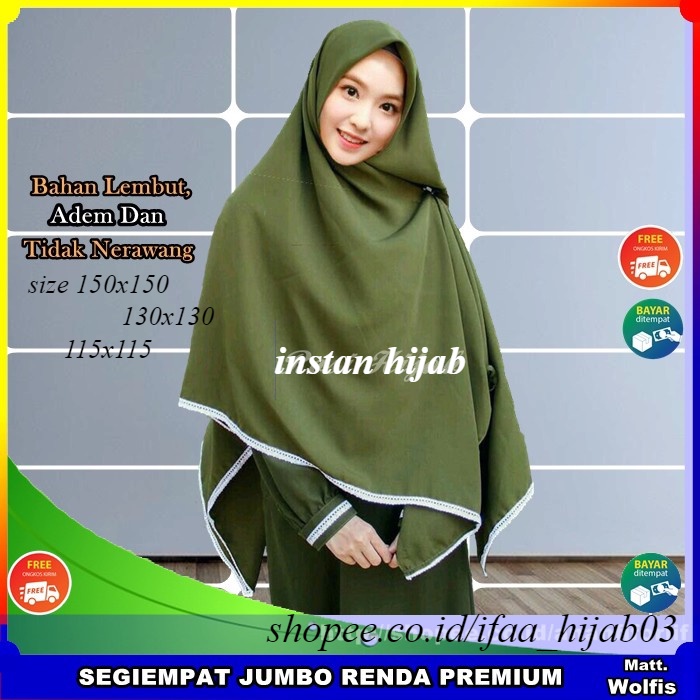 Segiempat Wolfis Renda 115, 130 dan 150 / Jilbab Segiempat Wolfis / Segiempat Jumbo Promo