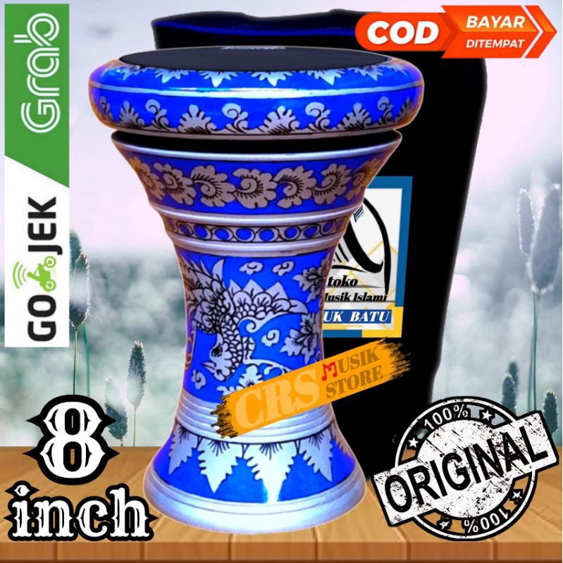 Jual Trumbuk / Darbuka Kayu 8 inch Motif Baru Silver Biru Power Beat