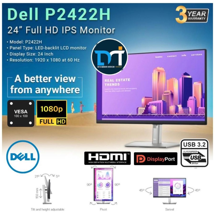 Jual Dell P2422H 23.8" Inch - FHD IPS HDMI DP USB3.2 Professional ...