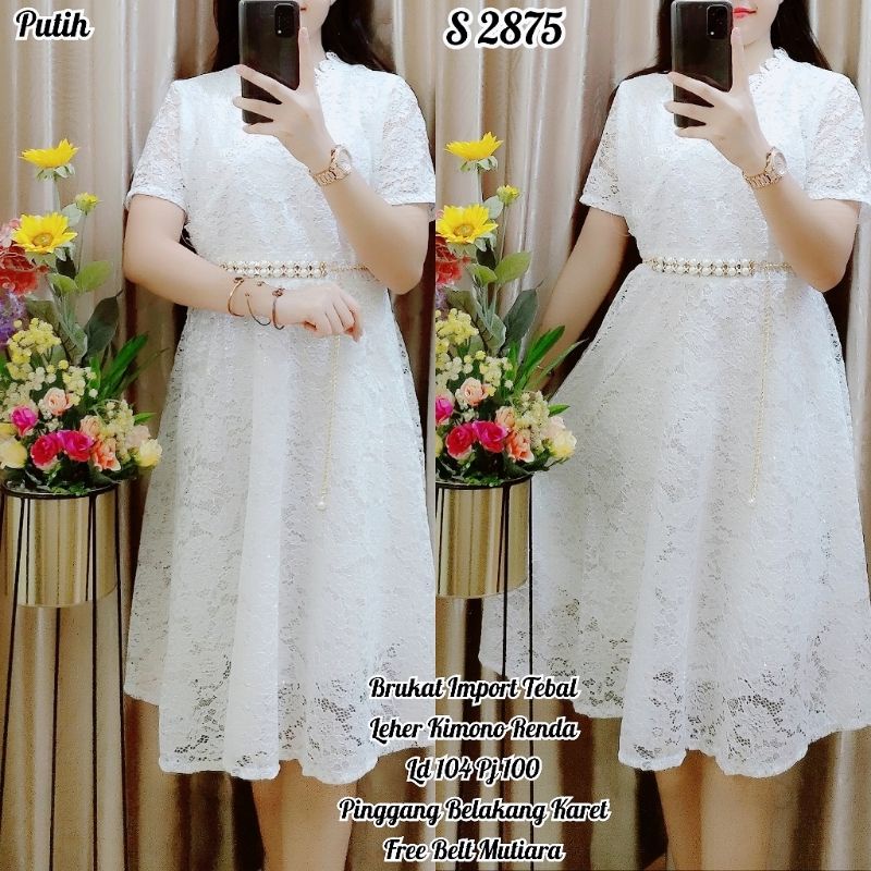 Jual S 2875 #Dress Brukat Putih Kimono Leher Renda+Belt | Shopee Indonesia