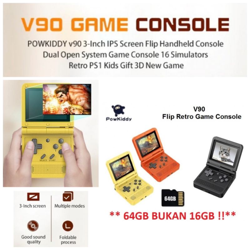 Jual POWKIDDY V90 Flip Handheld Retro Games Console 64GB 3.0 inch