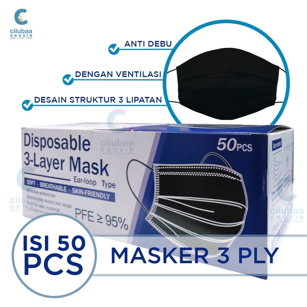 Jual Masker 3PLY Earloop Box (50pcs) Disposable Face Mask HITAM ...