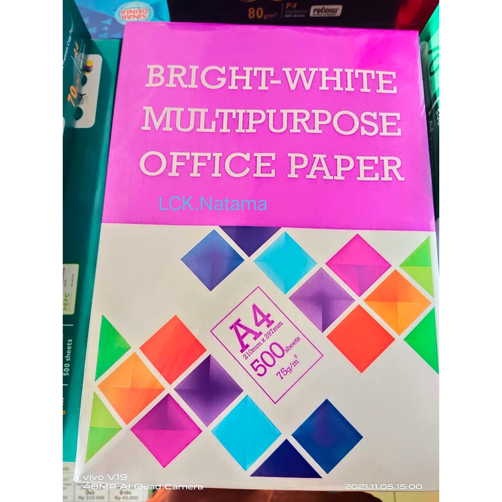 Jual Bright White Multipurpose Office Paper Kertas Hvs A4 75 Gsm 1 Rim