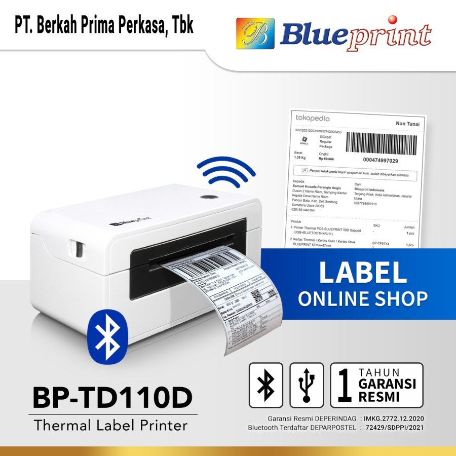 Jual Blueprint Printer Barcode Thermal/Label Resi A6 TD110D USB+Bluetooth Shopee Indonesia