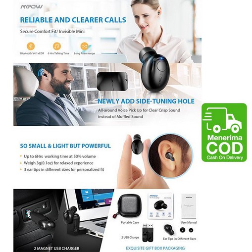 Jual Mpow Mini Bluetooth 4.1 earphone dengan Microfon dan Peredam ...