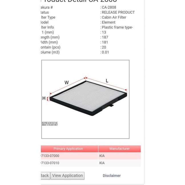 Jual Filter Kabin / Filter Udara AC KIA Picanto CA2808 Sakura " " ZNK