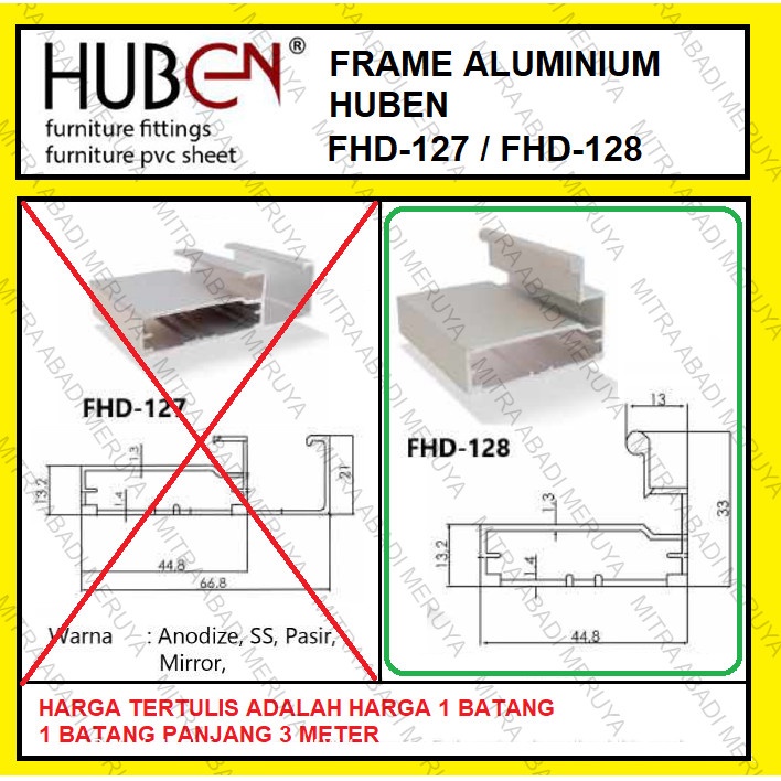Jual Profil Frame Handle Alumunium Aluminium HUBEN FHD 128 FHD128 FHD