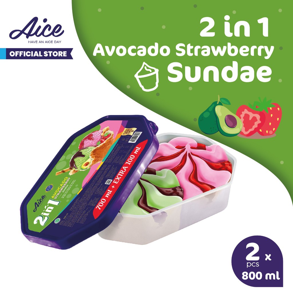 Jual Aice Alpukat Strawberry Sundae Ice Cream Eskrim 800 ml Es Krim isi ...