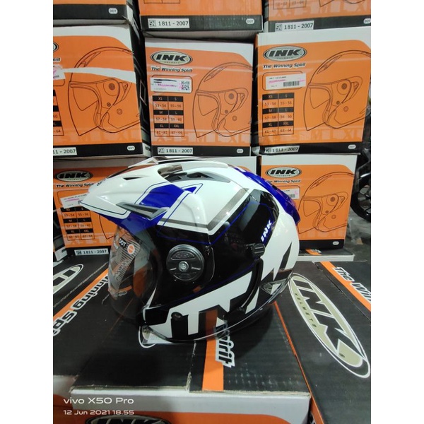 Jual HELM INK T1 WHITE/BLUE DOBEL VISOR ORIGINAL PULL MOTIP | Shopee ...