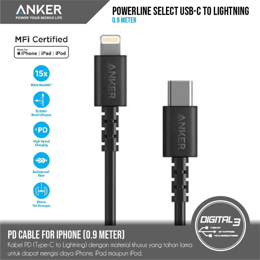 Jual Anker PowerLine Select+ USB-C Cable To Lightning Connector 3ft ...