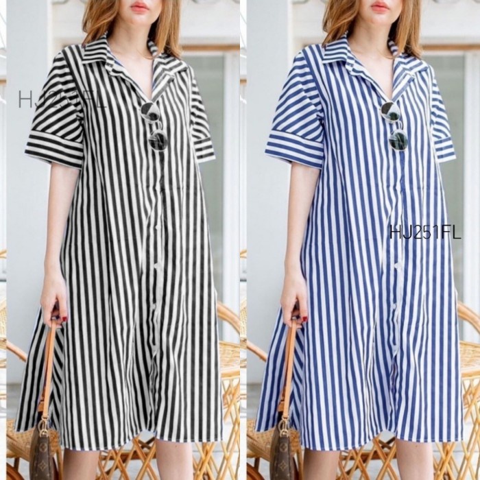 Jual Kemeja & Blouse/ kemeja wanita / VD- Longhem Fanela Stripe - Hitam ...