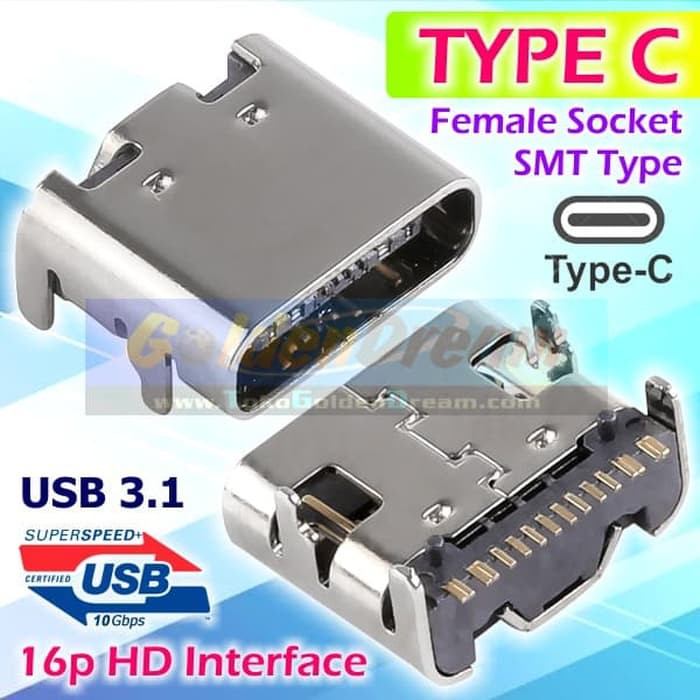 Jual Soket Type C Female Usb 31 16p Hd Smt Betina Connector Socket Tipe C Shopee Indonesia 0948