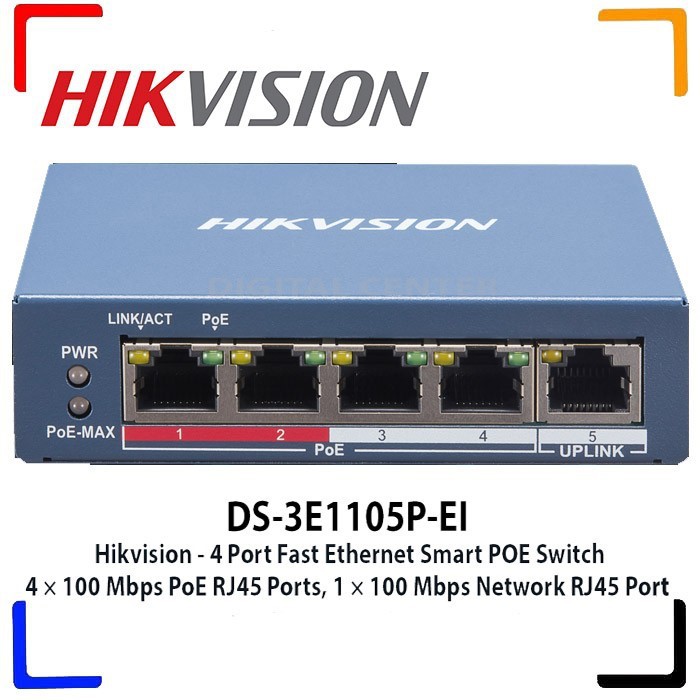 Hikvision DS-3E1105P-EI Switch manageable 4-Ports 10/100 Mbps PoE, 1-Port  10/100 Mbps
