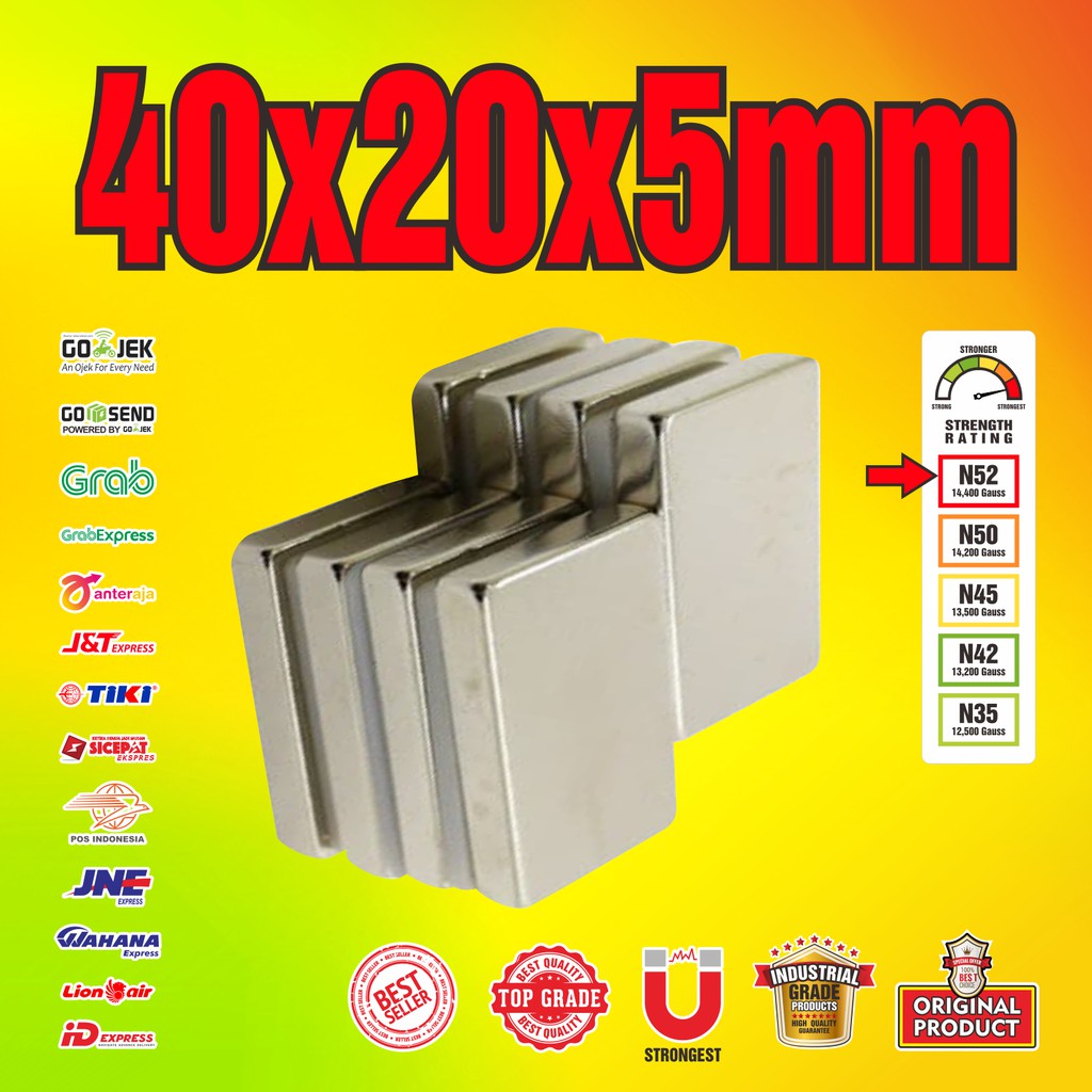 Jual MAGNET NEODYMIUM SUPER STRONG 40x20x5mm - 40 x 20 x 5 mm N52 ...