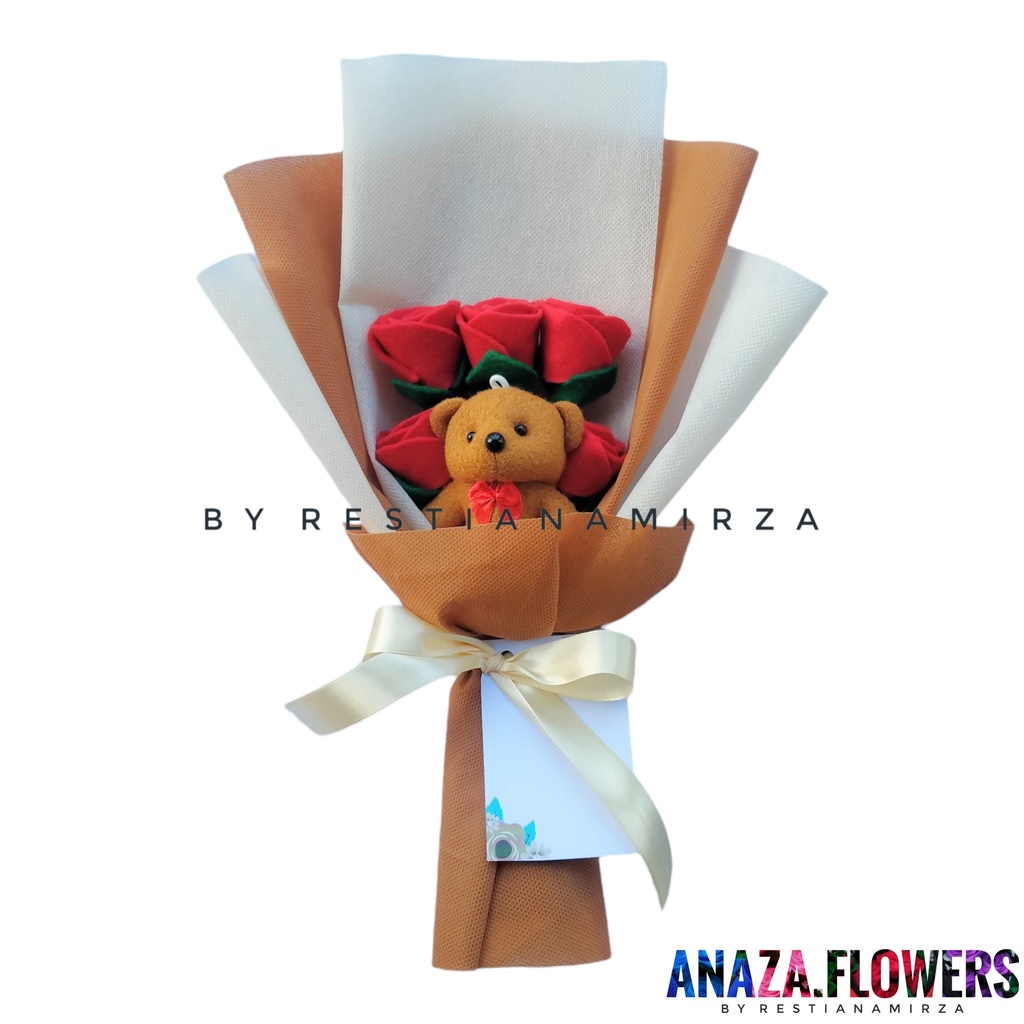 Jual Buket Boneka Beruang Mini Kombinasi 5 Tangkai Bunga Mawar Flanel