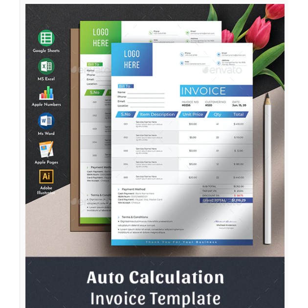 Jual NS Invoice Template Auto Calculation Excel Numbers Google Sheets ...