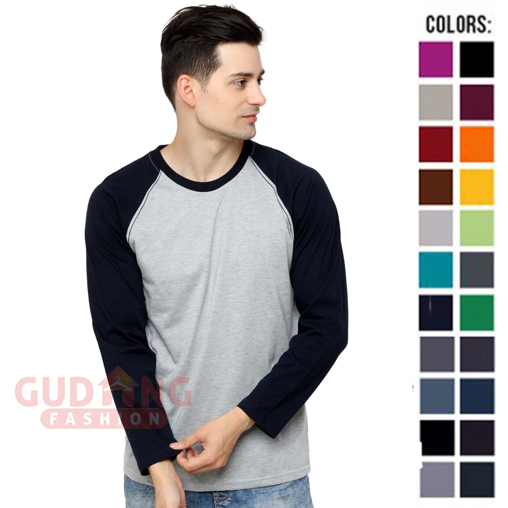 Jual Kaos Raglan Pria Lengan Panjang / Tshirt Polos Dua Warna Kombinasi