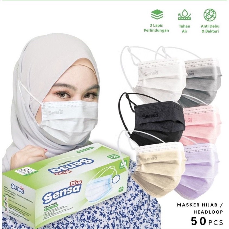 Jual MASKER 3PLY HEADLOOP EARLOOP/HIJAB SENSA ADA EMBOS 1BOX ISI 50PCS ...