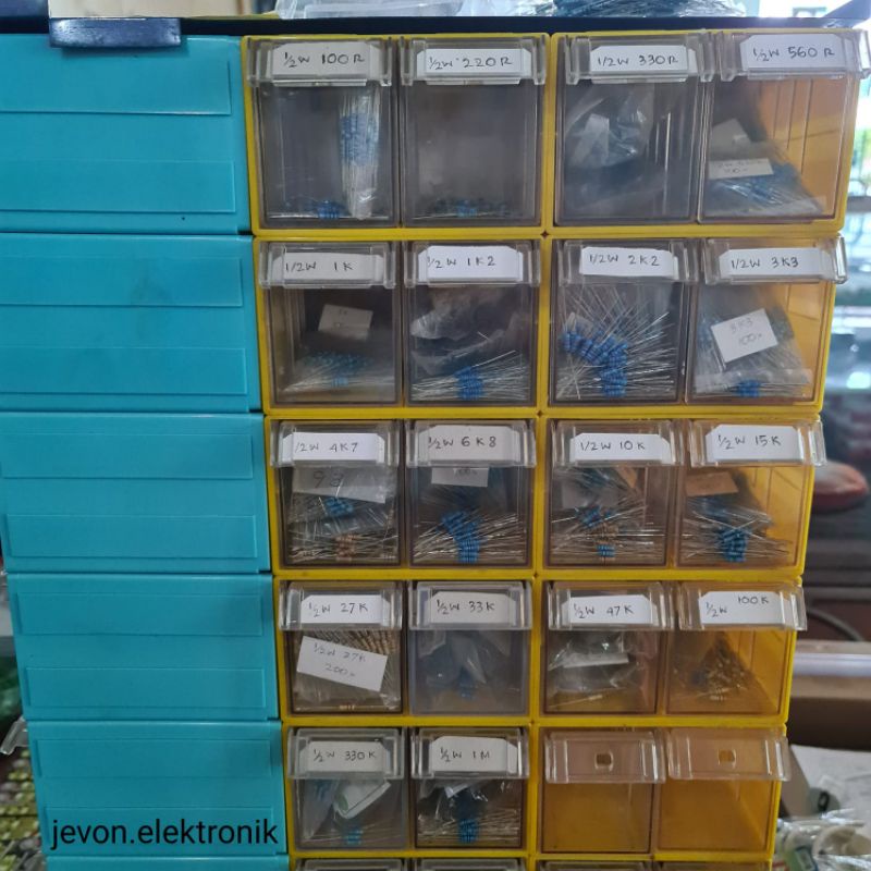 Resistor setengah 1/2 w watt 1 10 100 220 330 560 1k 1k2 2k2 3k3 4k7 6k8 10k 15k 27k 33k 47k 100k 330k 1M ohm