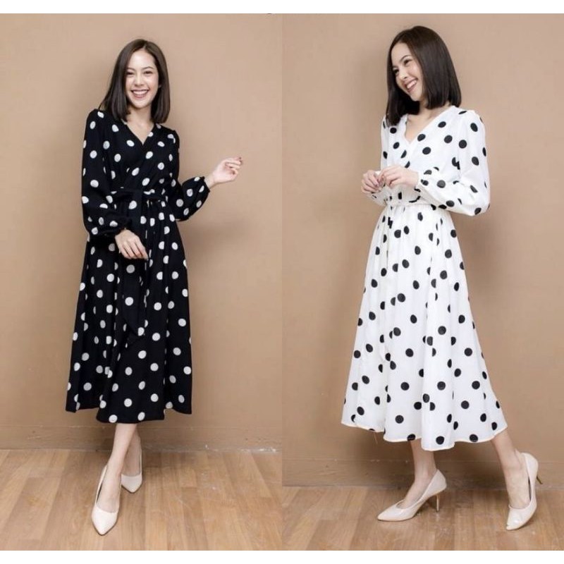 maxi long dress polkadot dress pilka korea putih