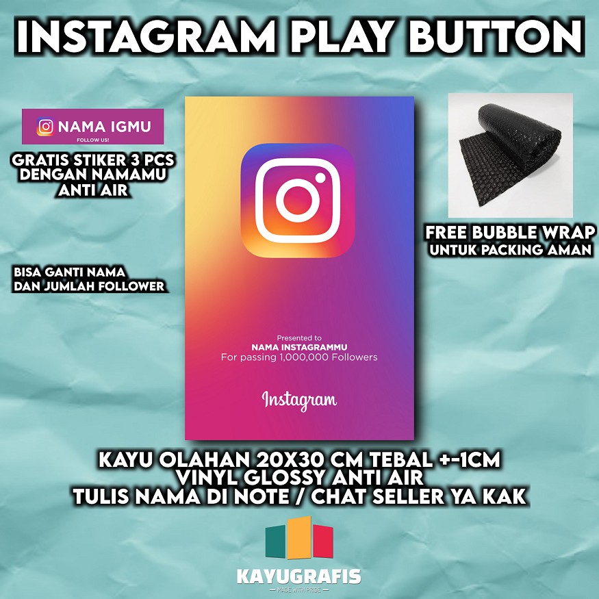 Jual INSTAGRAM PLAY BUTTON HIASAN DINDING BISA GANTI NAMA DAN JUMLAH