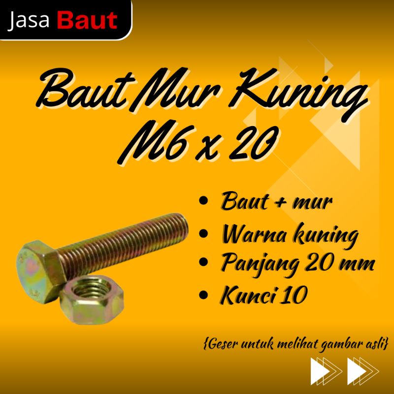 Jual Baut Mur M6x20 / Baut 10 Kunci 10 / Baut Mur Kuning BMK M6 X 20 ...