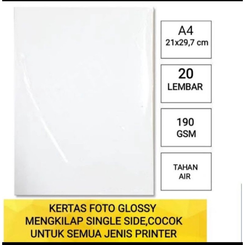 Jual Kertas Foto Glossy 190 Gsm A4 Isi 20 Lembar Photo Paper Single